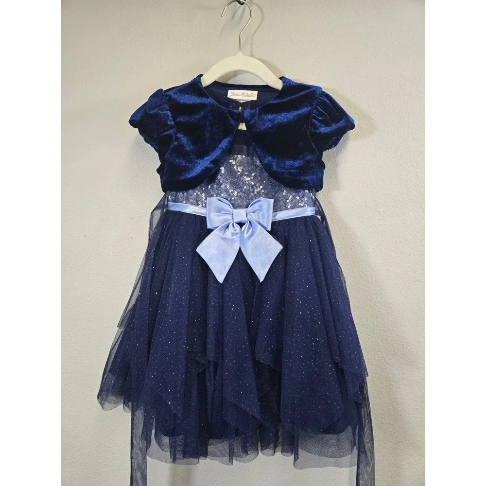 Jona Michelle Navy Blue Sequin Tulle Party Dress with Velvet Bolero Shrug 3T